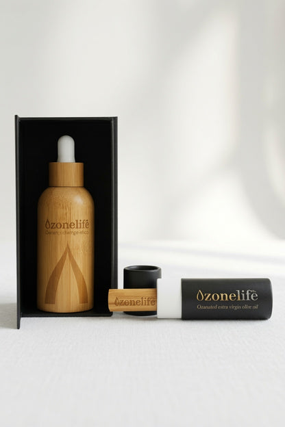 Ozonelife Discovery Set with 50 ml ozonated olive oil bottle and 10 ml roll-on
