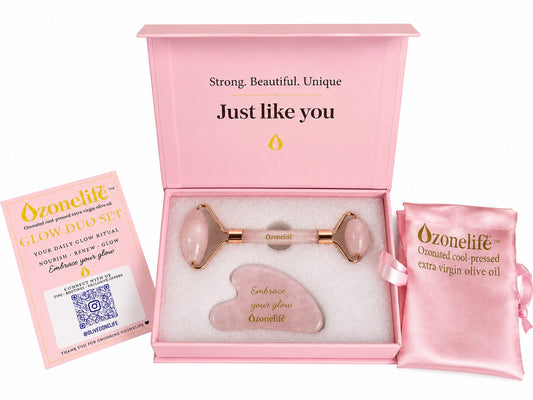 Ozonelife Pink Rose Quartz Roller and Gua Sha gift set open box
